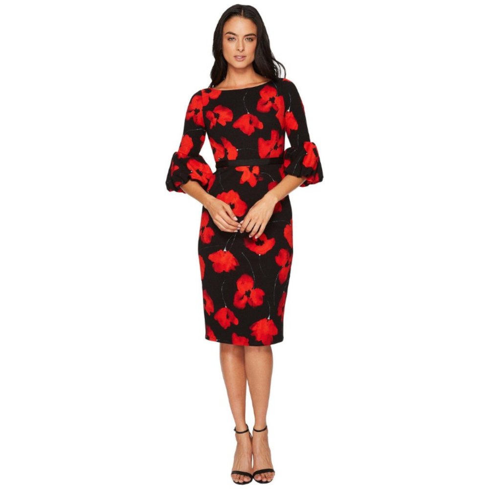 Maggy London Black & Red Poppy Floral Dress Bell Sleeves
